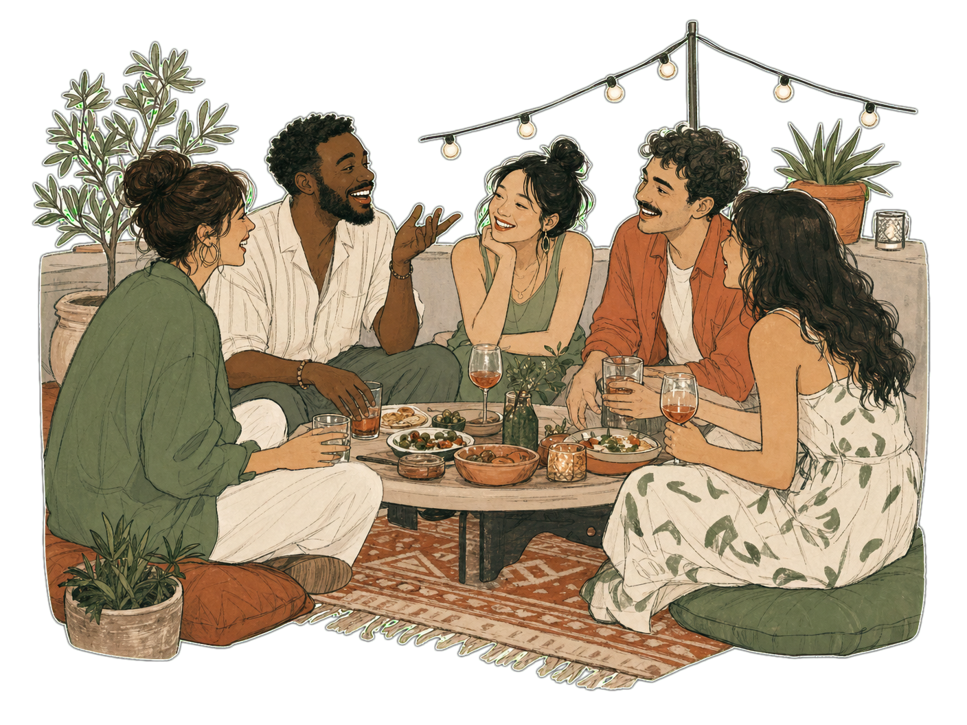 A group of friends gathered around a low table, sharing food and drinks
